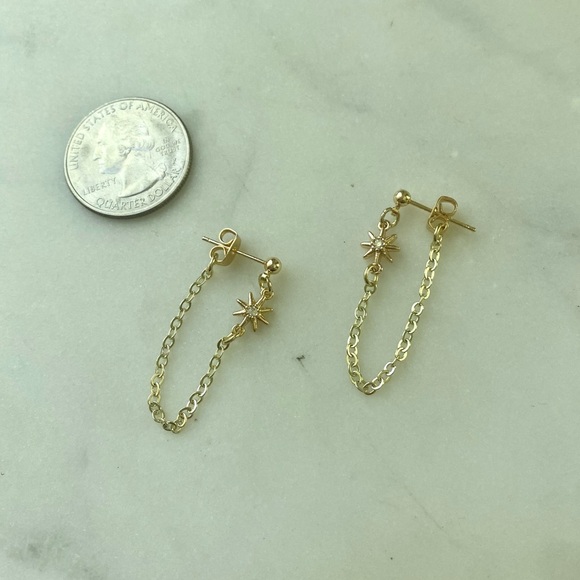 Handmade Cubic Zirconia Charm Drop Chain Earrings in Gold - Picture 2 of 2